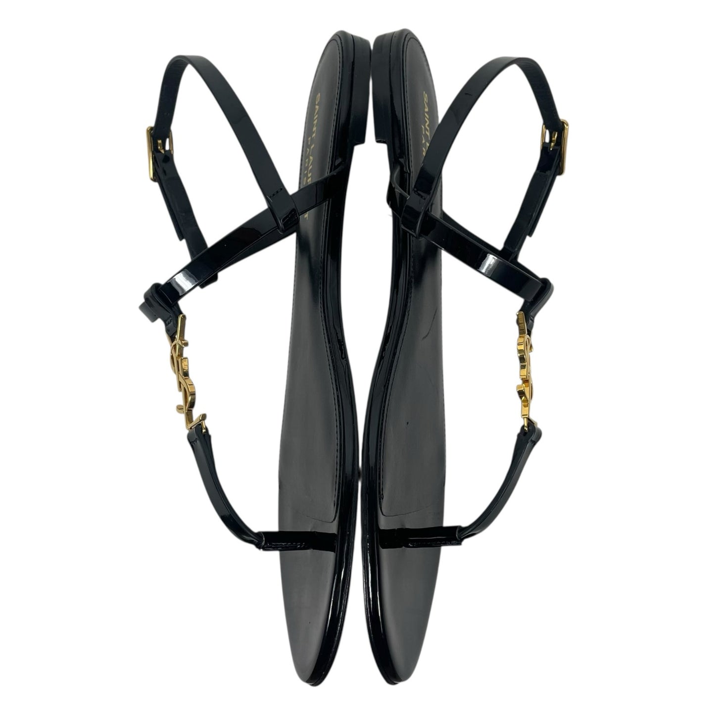 Saint Laurent Cassandra Patent YSL Thong Slide Sandal Black Gold Size 39.5