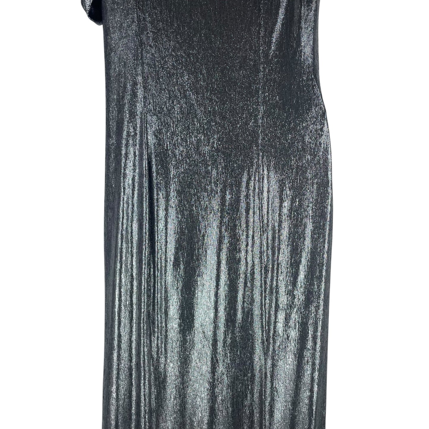 Tadashi Shoji Copley Shoulder Drape Lame Gown Silver Steel Size XL