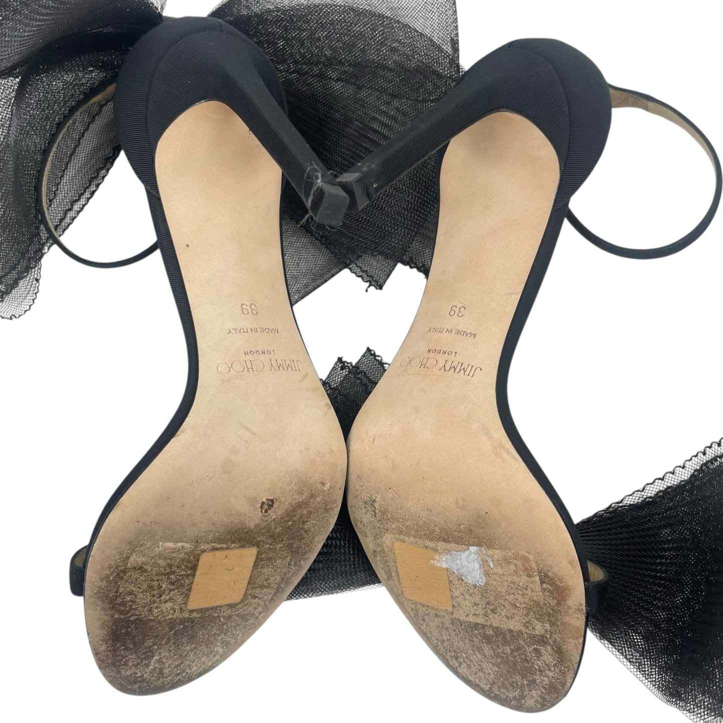 Jimmy Choo Aveline 100 Black Sandal Grosgrain Mesh Fasincator Bow Size 39