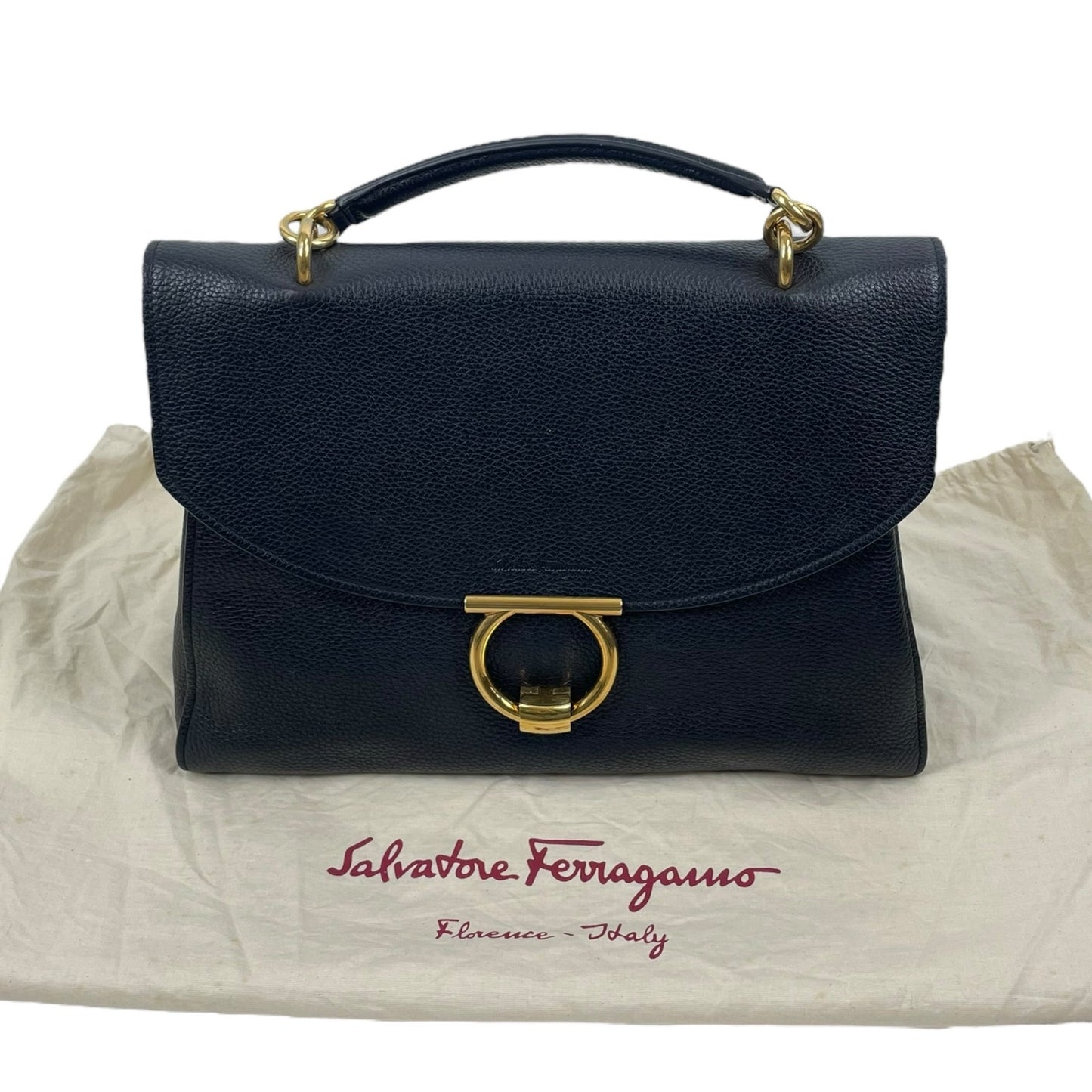 Salvatore Ferragamo Large Margot Gancini Leather Top Handle Bag Black
