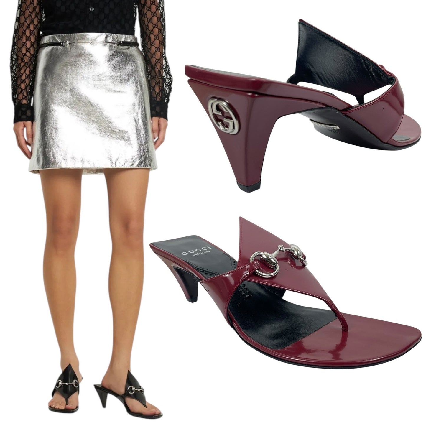 Gucci Mariame Horsebit Leather Thong Sandals Kitten Heel Red Size 36.5