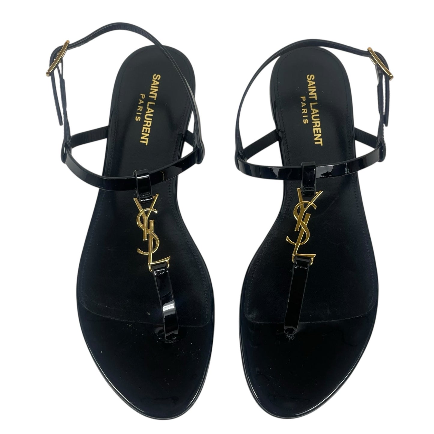 Saint Laurent Cassandra Patent YSL Thong Slide Sandal Black Gold Size 39.5