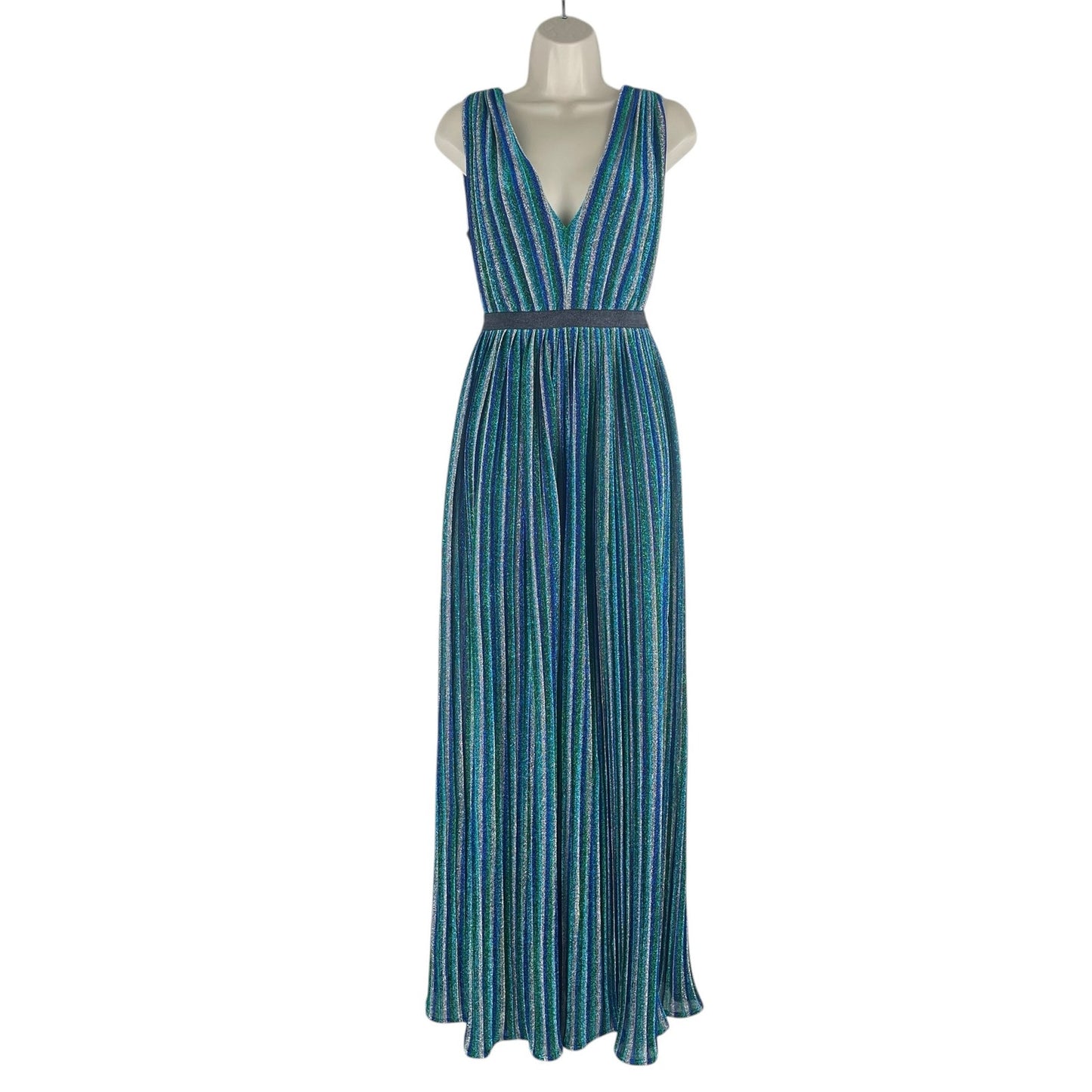 BCBGMaxAzria Metallic Striped Pleated Evening Gown Green Blue Size XXS