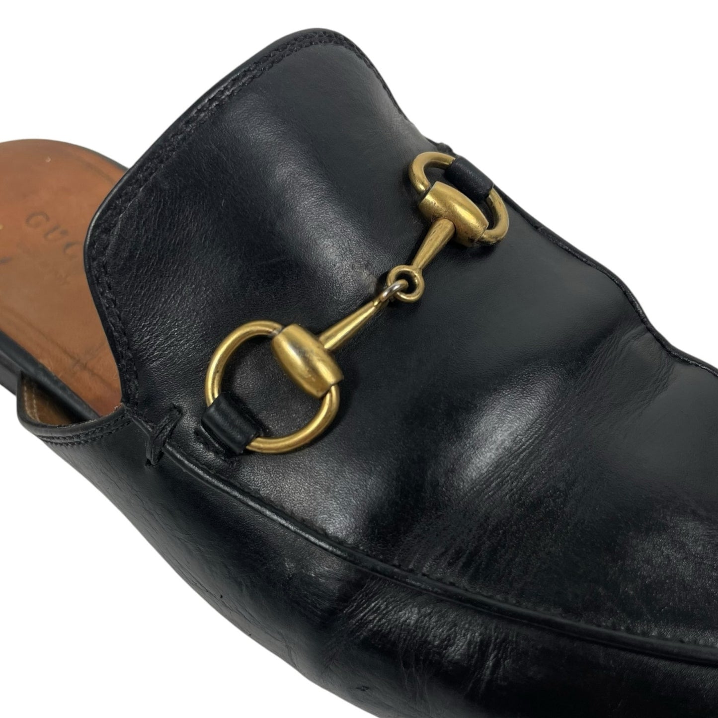 Gucci Princetown Slide Mules Gold Horsebit Flats Black Leather Size 36