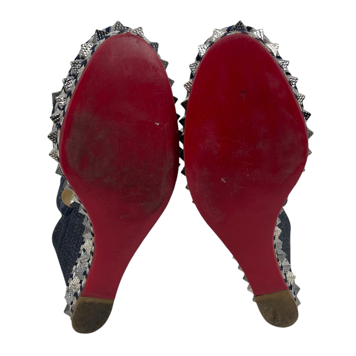 Christian Louboutin Lame Lux Pyraclou 110 Denim Wedge Sandal Blue Size 41