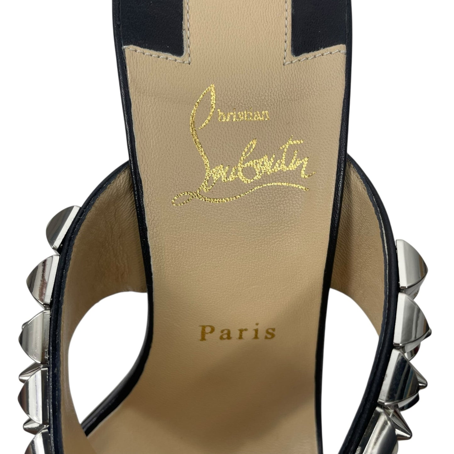 Christian Louboutin Tina Goes Mad 55 Slide Sandals Black Silver Size 38.5