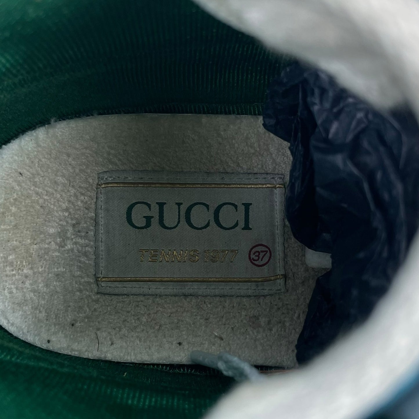 Gucci Tennis 1977 High Top Sneakers Turquoise Navy Logo Monogram Size 37