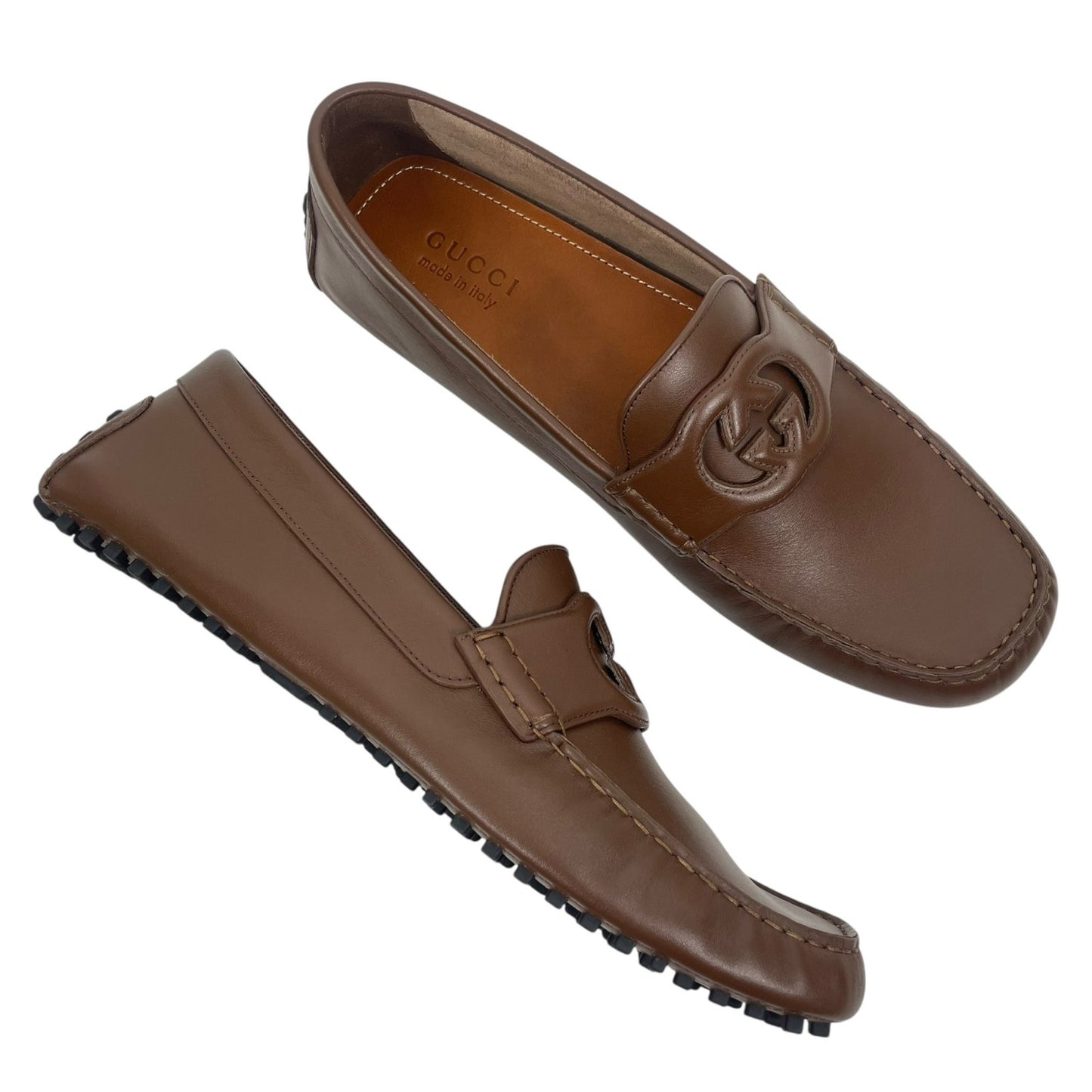 Gucci Interlocking GG Calf Leather Moccasin Driver Loafer Brown Size 13/13.5