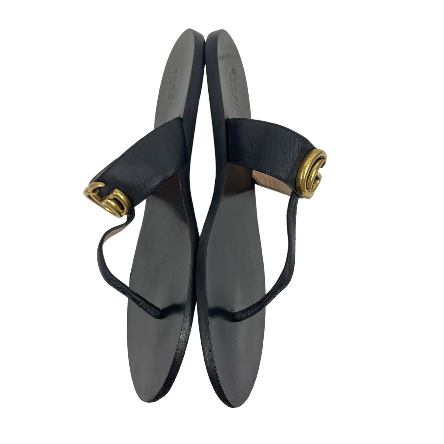 Gucci Leather Thong Sandals with Double G Logo Black Gold Size 40.5