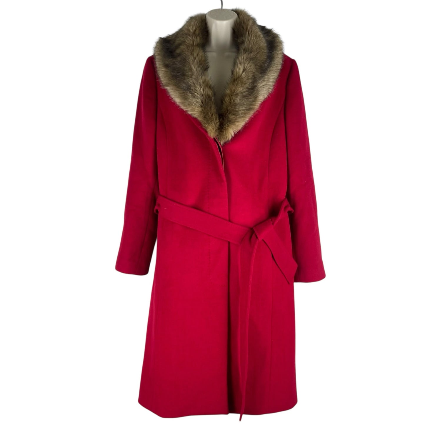 Talbots Wool Blend Belted Long Coat Removable Fur Collar Red Size 6