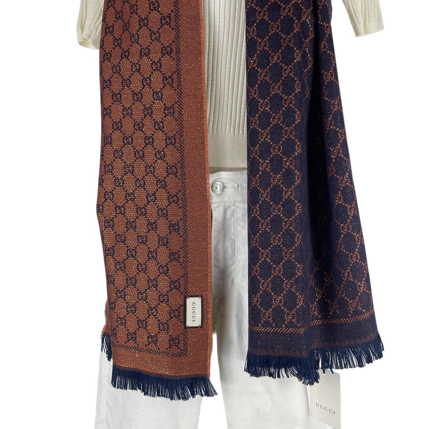 Gucci Wool Jacquard GG Monogram Stenlux Scarf Midnight Blue Metallic