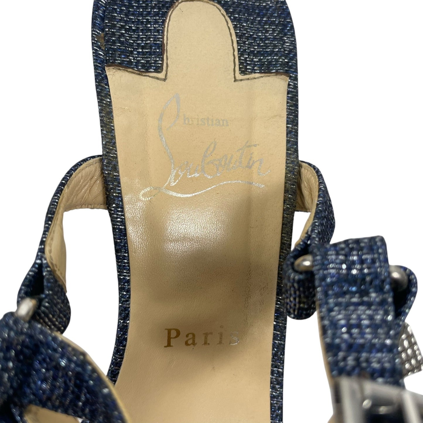 Christian Louboutin Lame Lux Pyraclou 110 Denim Wedge Sandal Blue Size 41