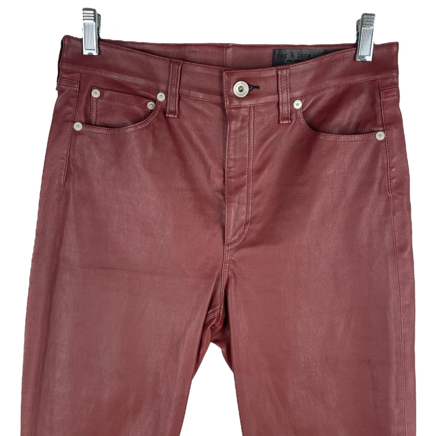 Rag & Bone Nina Lamb Leather High Rise Skinny Ankle Pants Brown Red Size 28
