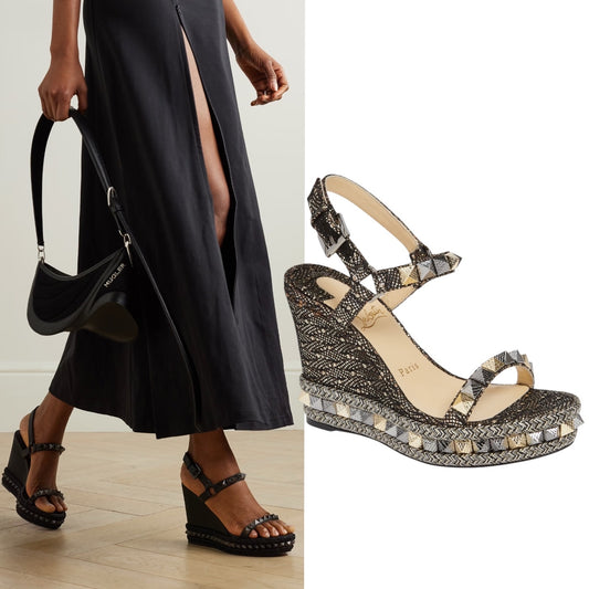 Christian Louboutin Pyraclou 110 Wedge Espadrille Sandals Black Size 42