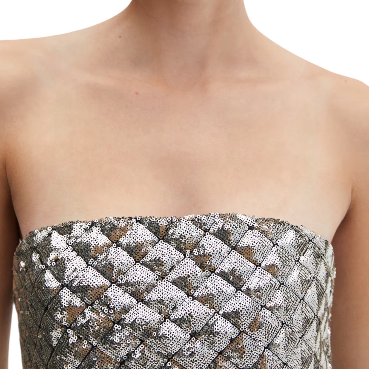 Mango MNG Strapless Sequin Quilted One Piece Jumpsuit Gold Black Size S