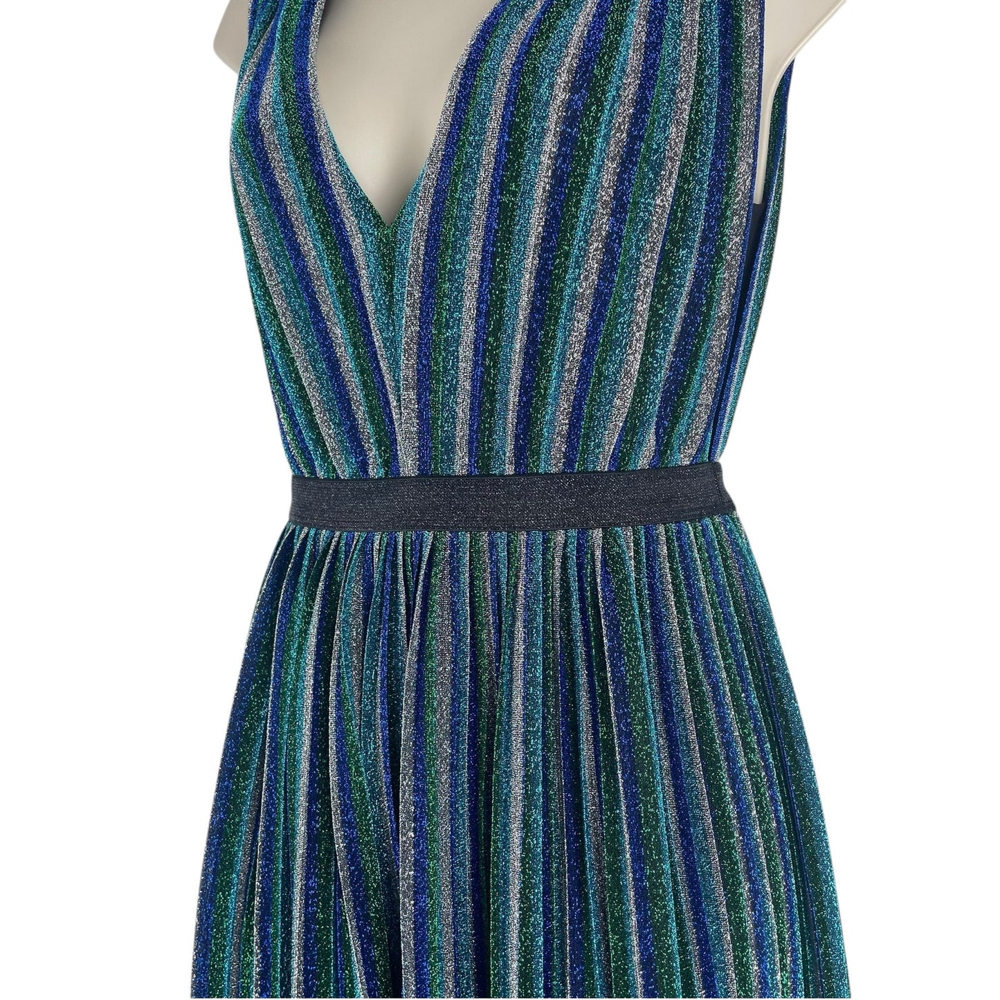 BCBGMaxAzria Metallic Striped Pleated Evening Gown Green Blue Size XXS