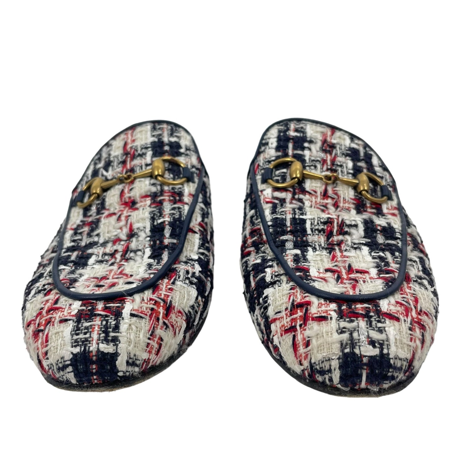 Gucci Princetown Tweed Mules Horsebit Gardenia Ink Blue Size 36.5