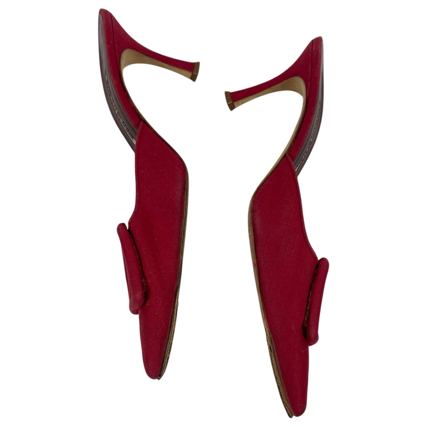 Manolo Blahnik Maysale 70mm Red Buckle Mules Fabric Size 40 Hailey Bieber