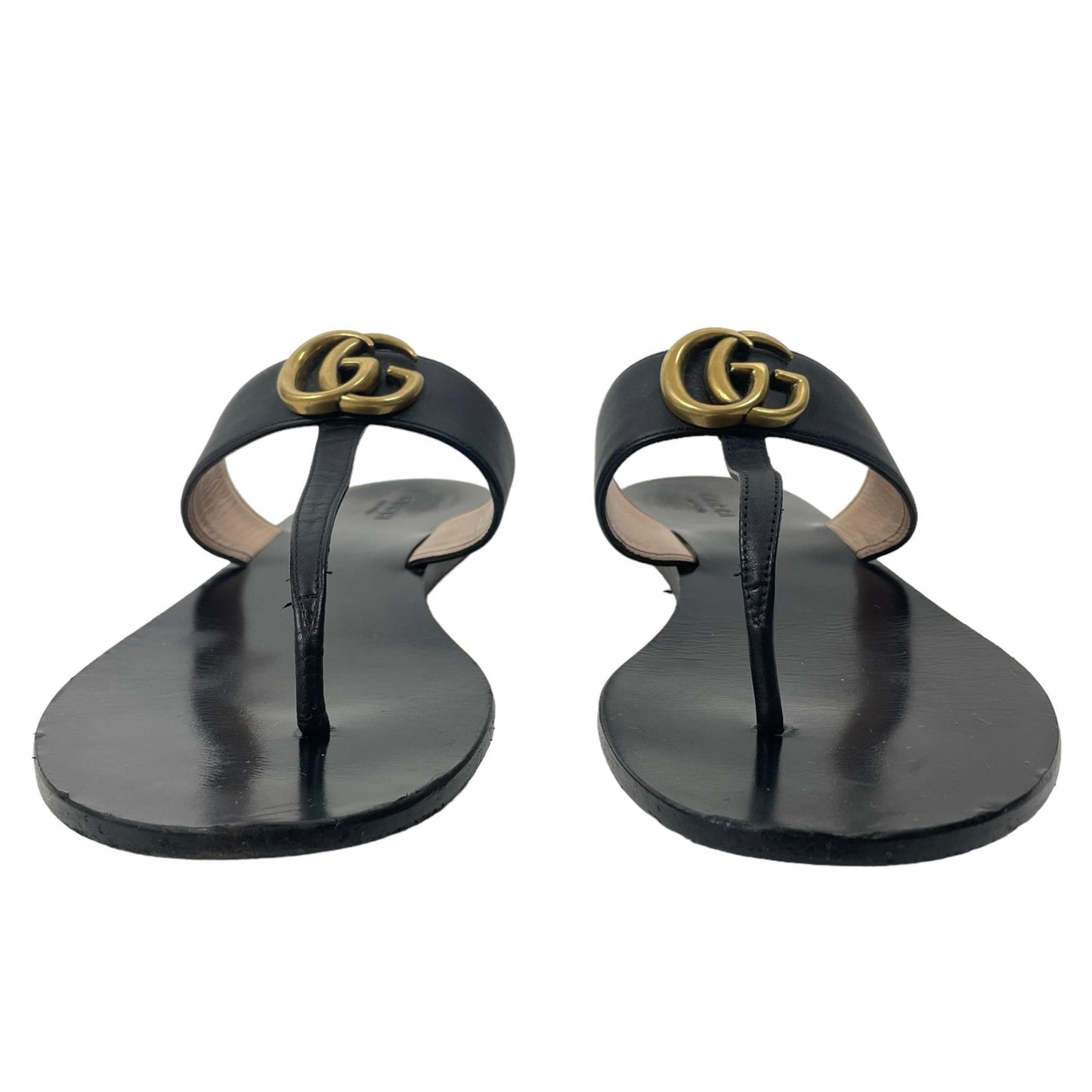 Gucci Leather Thong Sandals with Double G Logo Black Gold Size 40.5