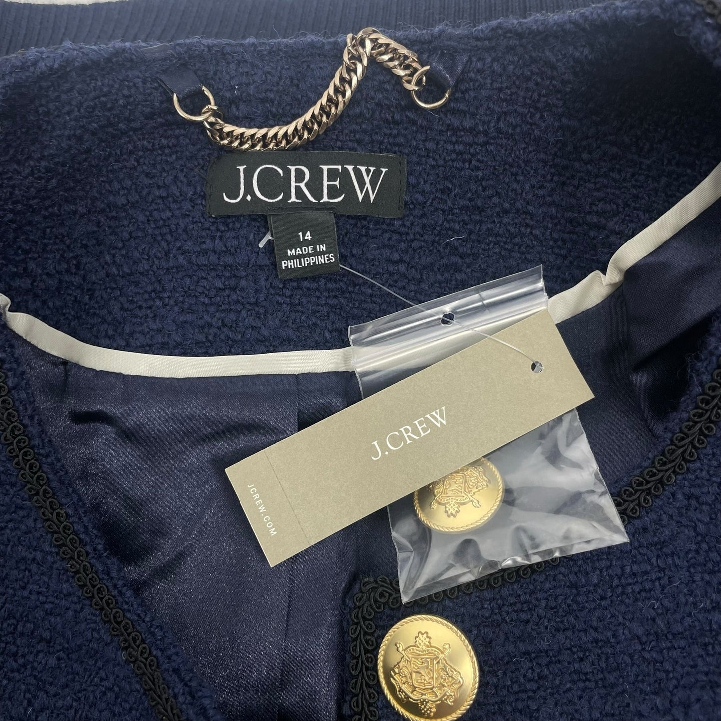 J. Crew Tweed Bomber Lady Jacket Wool Blend Navy Gold Button Size 14