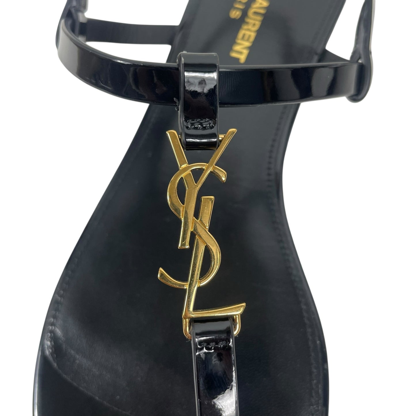 Saint Laurent Cassandra Patent YSL Thong Slide Sandal Black Gold Size 39.5