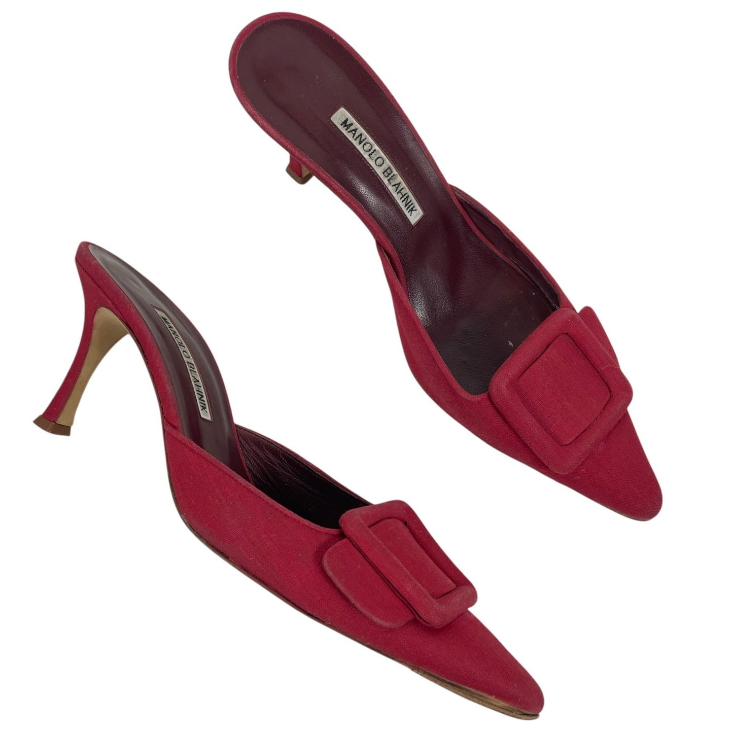 Manolo Blahnik Maysale 70mm Red Buckle Mules Fabric Size 40 Hailey Bieber