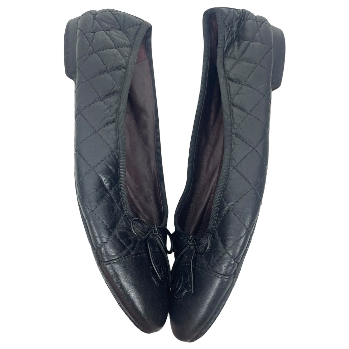 Chanel Cap Toe CC Logo Bow Quilted Leather Ballet Flats Black Size 40