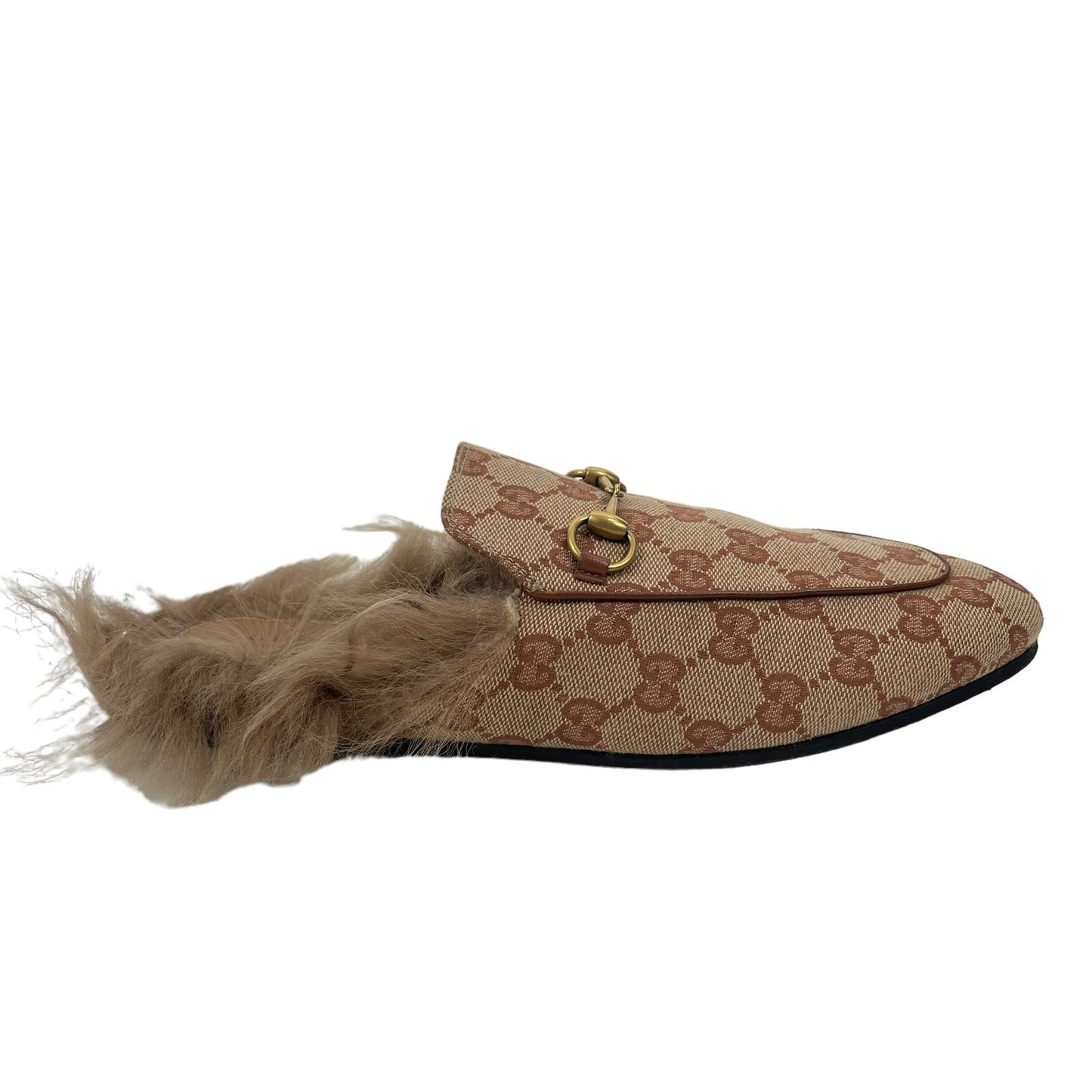 Gucci Princetown Fur Lined Mules Horsebit GG Monogram Natural Size 39.5
