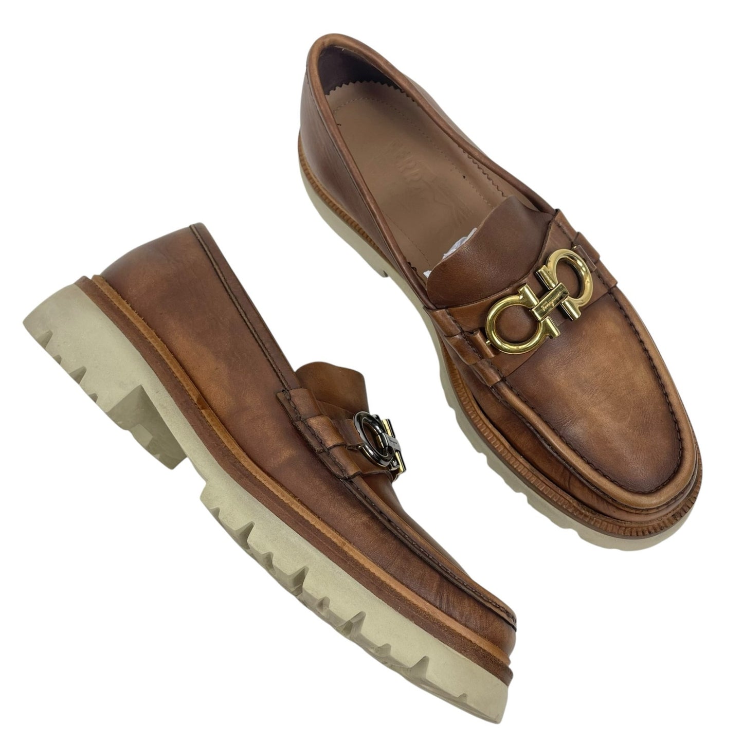 Salvatore Ferragamo Gancini Bit Lug Sole Leather Loafers Brown Size 8/ US 9