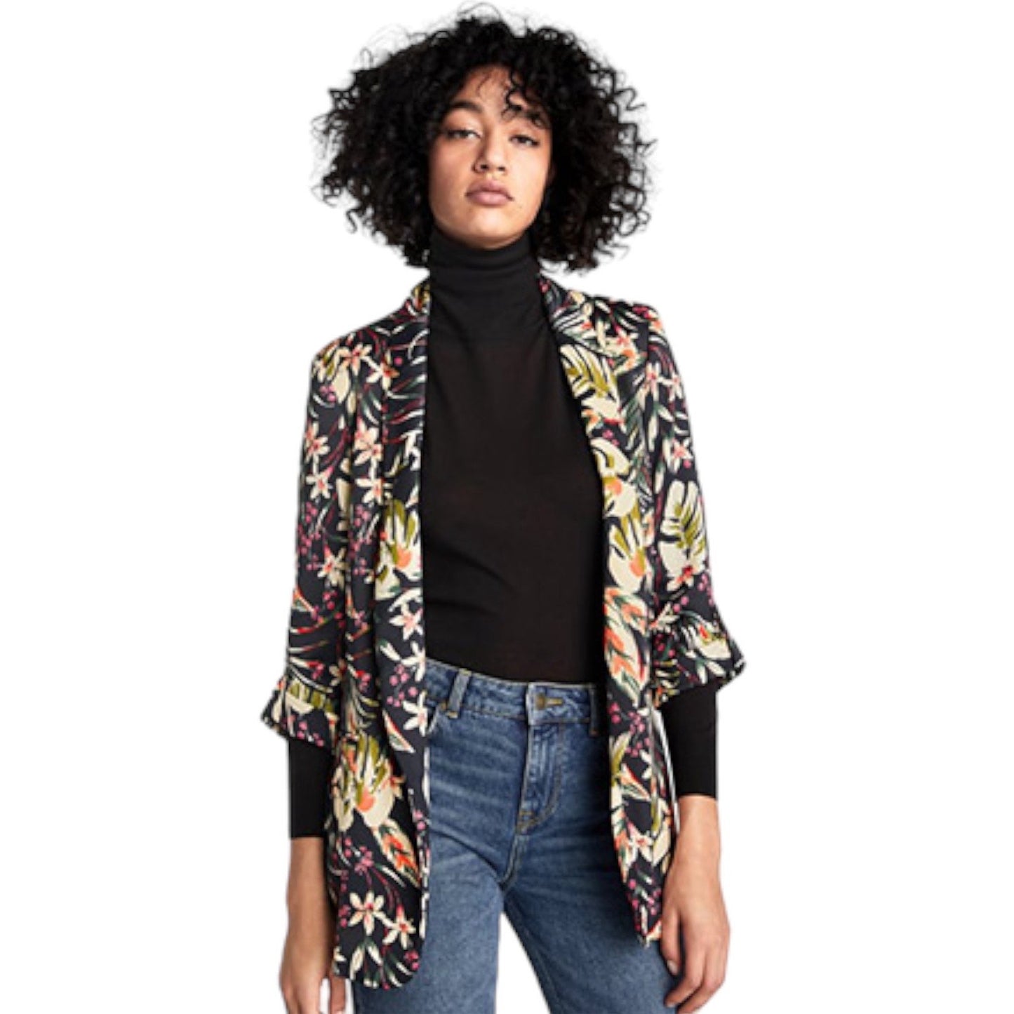 Zara Satin Floral Printed Open Front Long Blazer Jacket Green Size XS