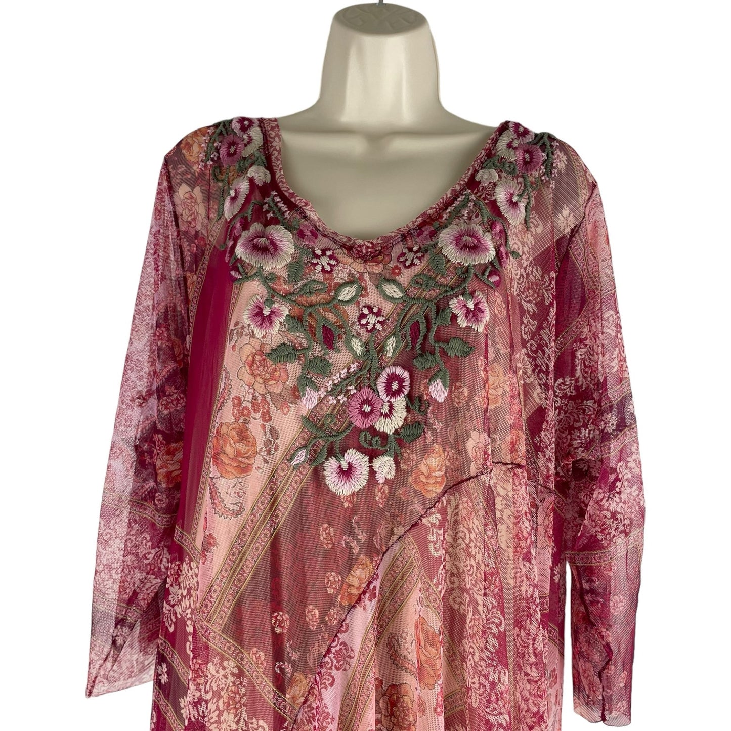 Johnny Was BIYA Cardinal Mesh Maxi Dress Floral Embroidery Red Size XL
