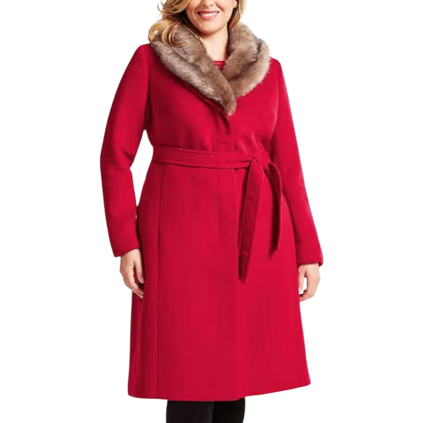 Talbots Wool Blend Belted Long Coat Removable Fur Collar Red Size 6