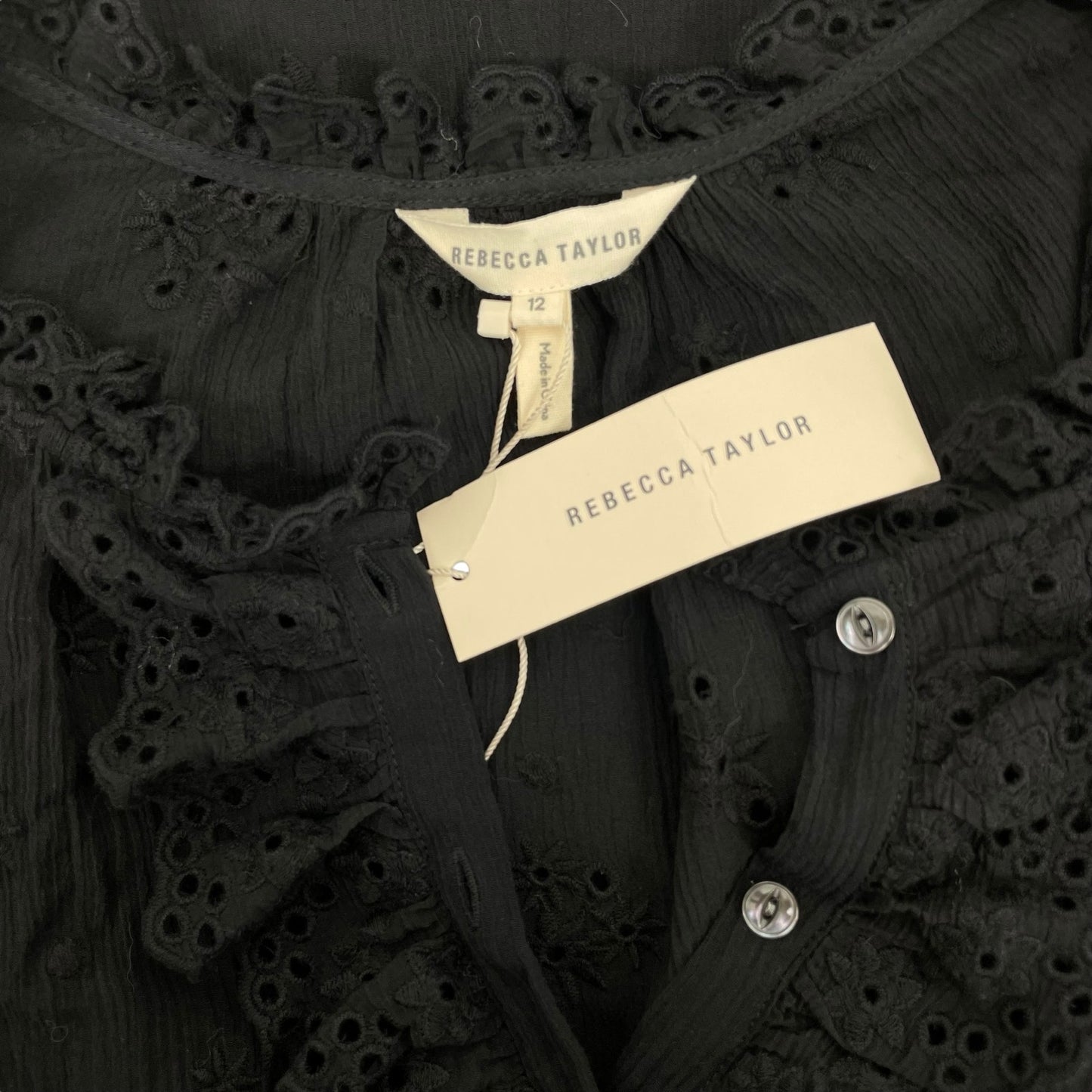 Rebecca Taylor Black Dree Silk Blend Eyelet Ruffle Mini Dress Size 12