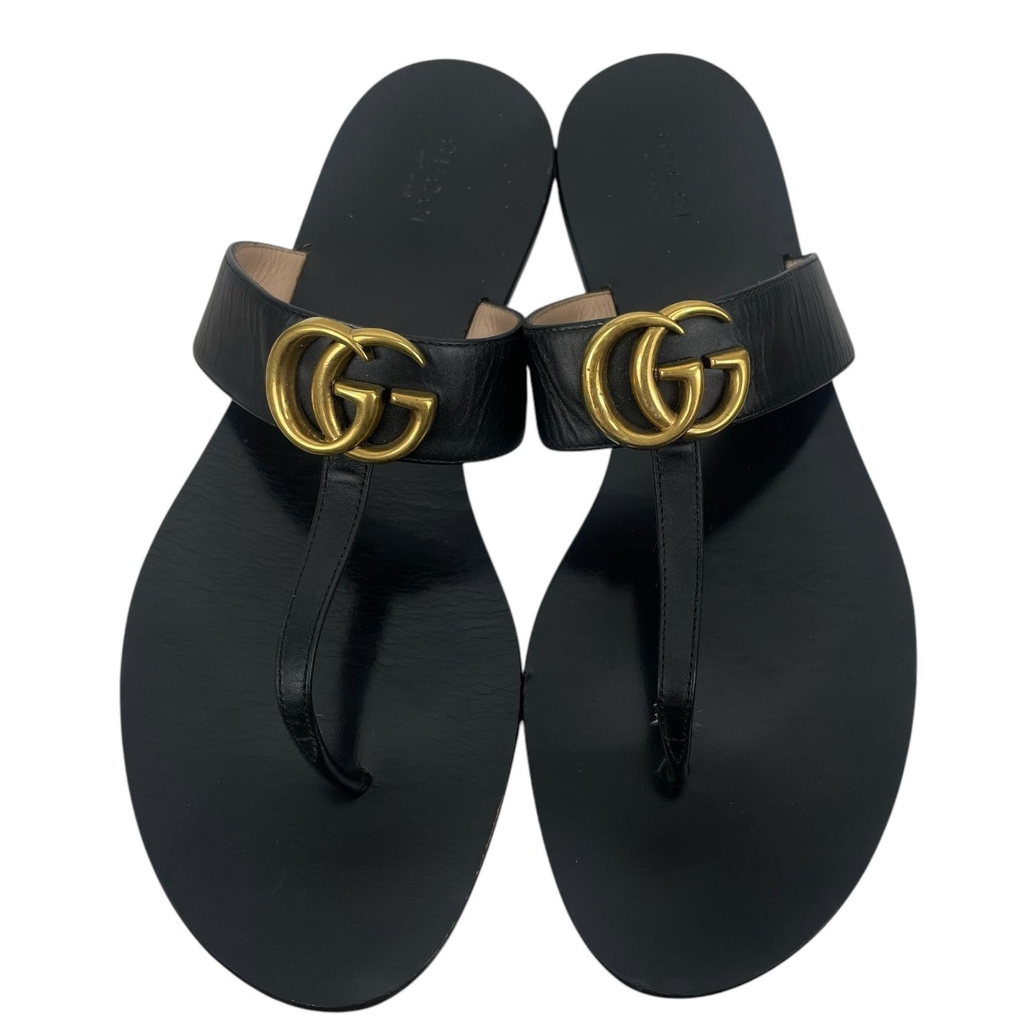 Gucci Leather Thong Sandals Double G Logo Black Gold Size 40.5