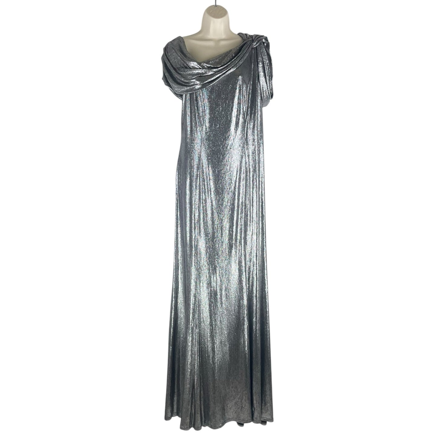 Tadashi Shoji Copley Shoulder Drape Lame Gown Silver Steel Size XL