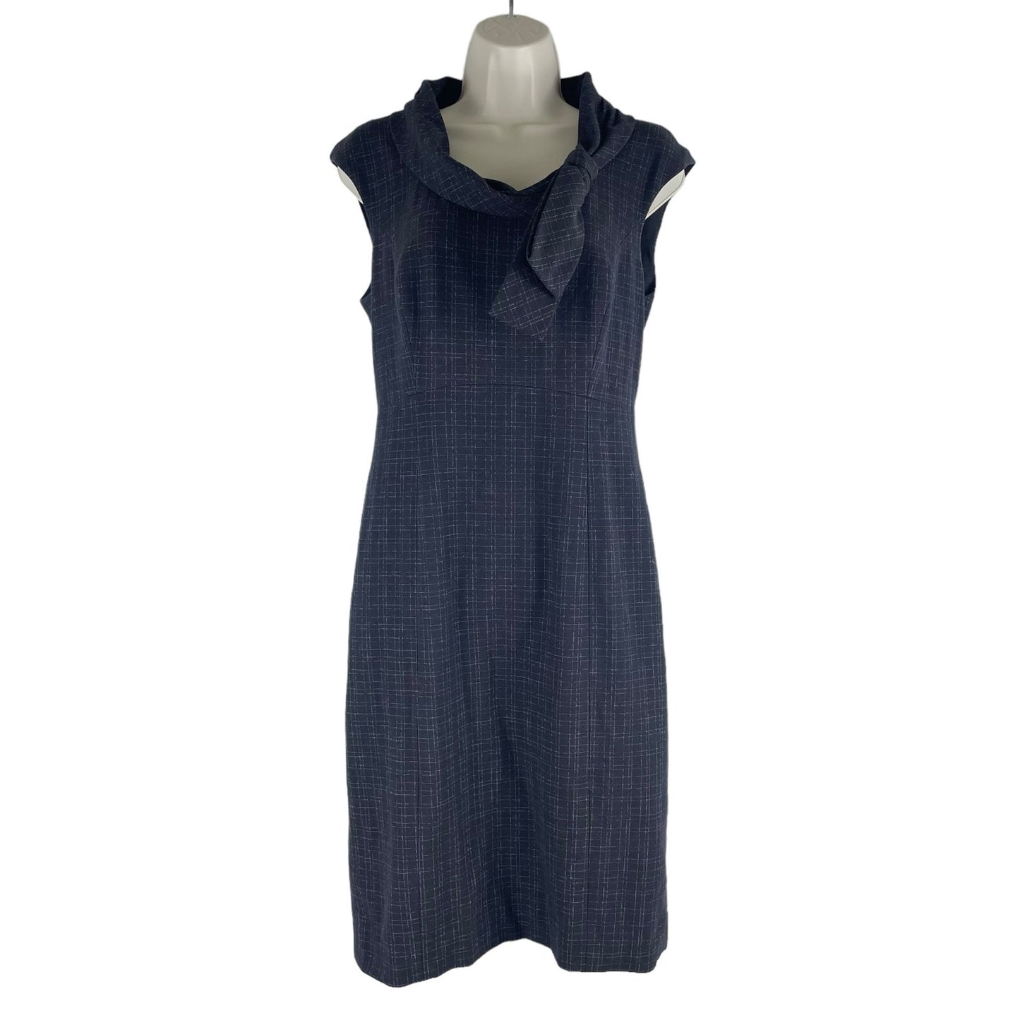 Classiques Entier Check Sheath Dress Bow Neck Gray Brown Size 6