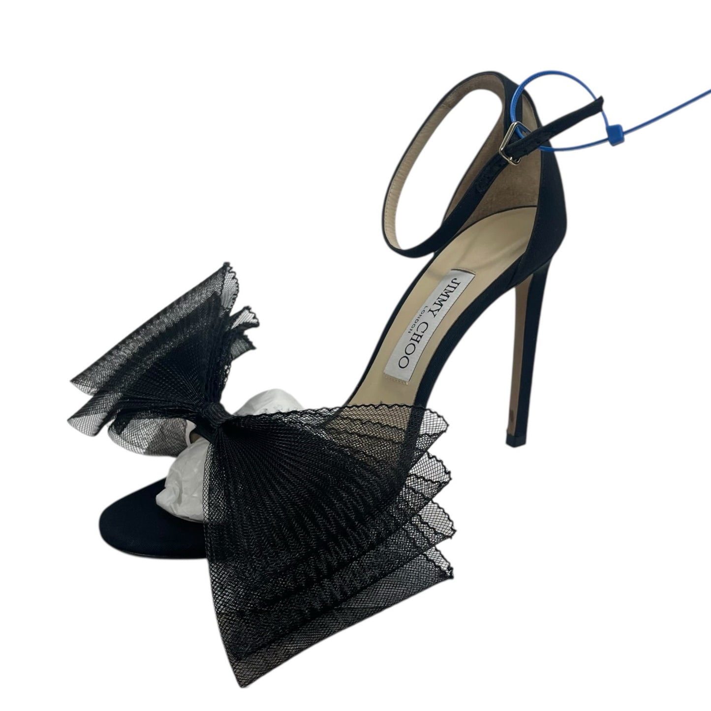 Jimmy Choo Aveline 100 Black Sandal Grosgrain Mesh Fasincator Bow Size 39