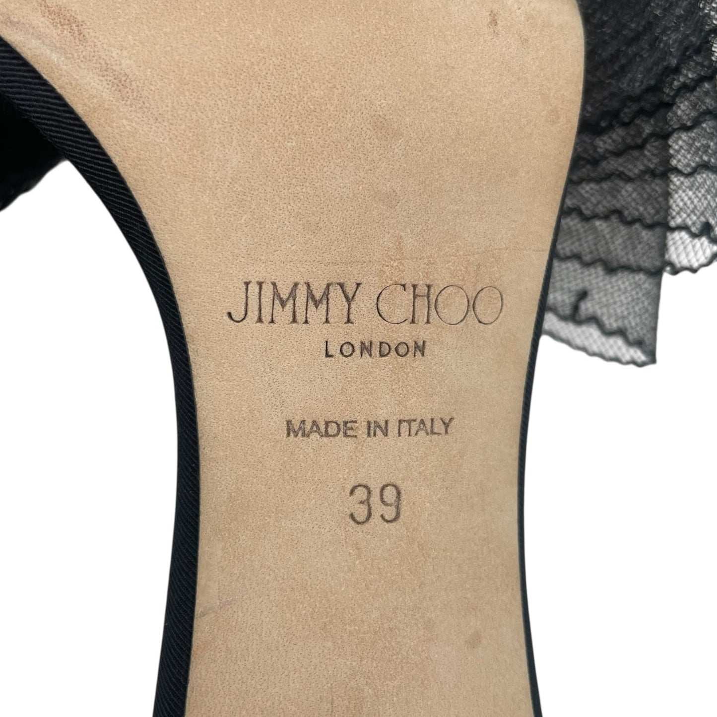 Jimmy Choo Aveline 100 Black Sandal Grosgrain Mesh Fasincator Bow Size 39