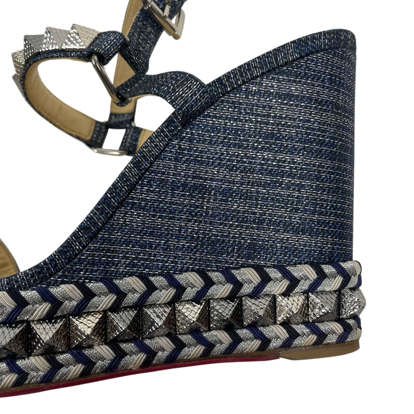 Christian Louboutin Lame Lux Pyraclou 110 Denim Wedge Sandal Blue Size 41