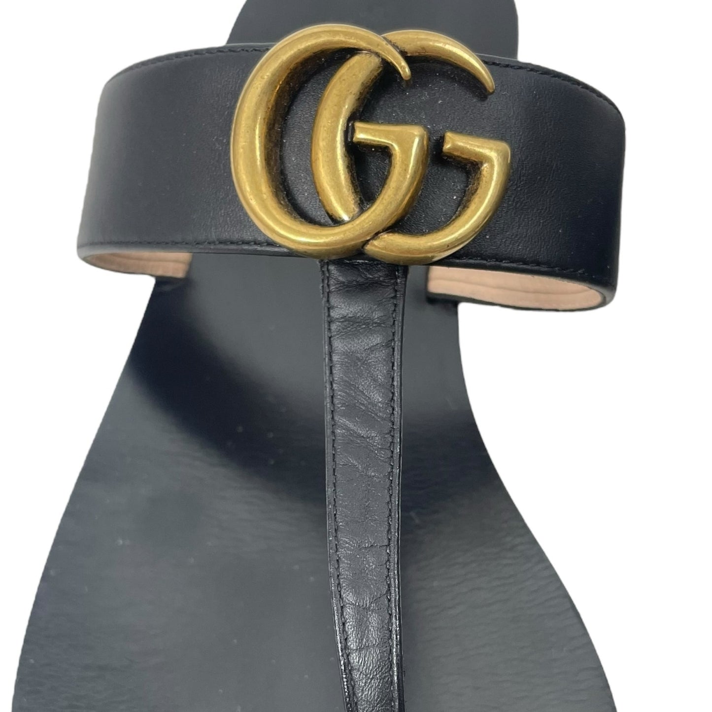 Gucci Leather Thong Sandals with Double G Logo Black Gold Size 40.5