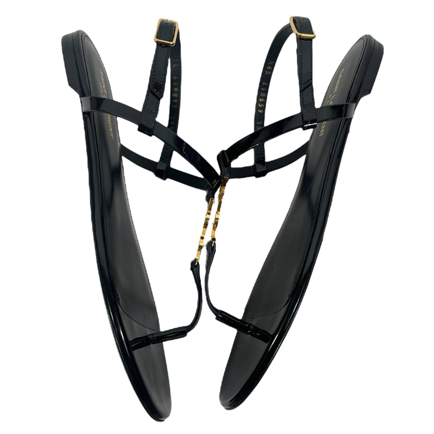 Saint Laurent Cassandra Patent YSL Thong Slide Sandal Black Gold Size 39.5