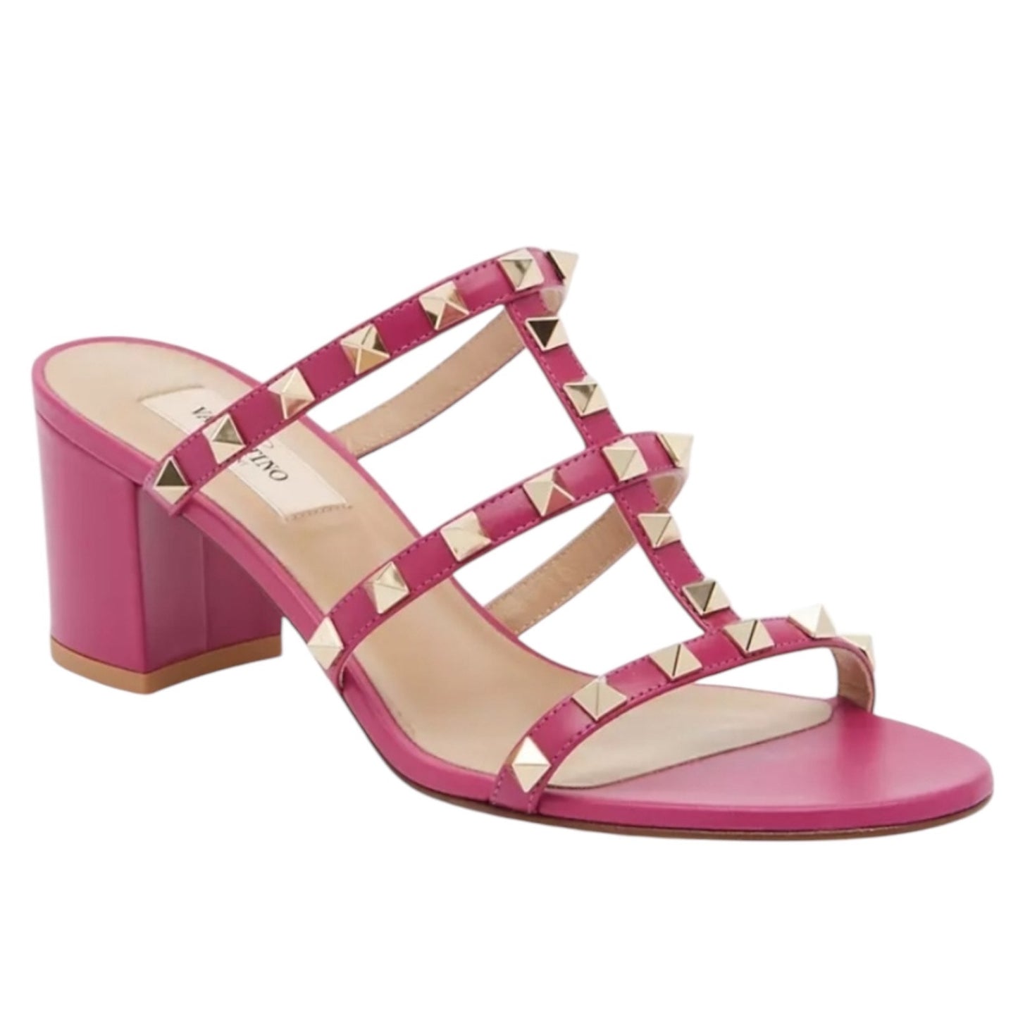 Valentino Garavani 60mm Rockstud Leather Slide Heel Sandals Pink Size 40