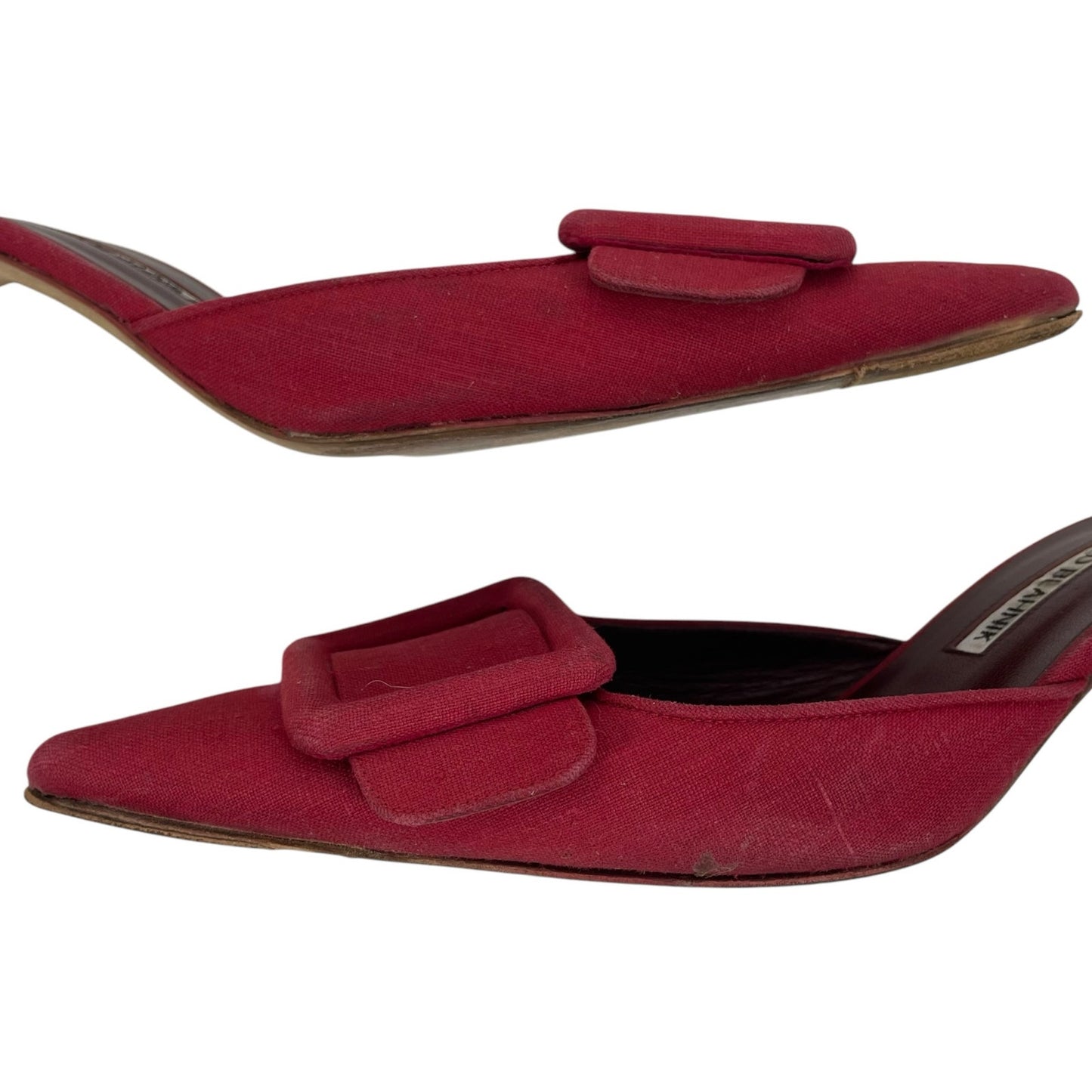 Manolo Blahnik Maysale 70mm Red Buckle Mules Fabric Size 40 Hailey Bieber