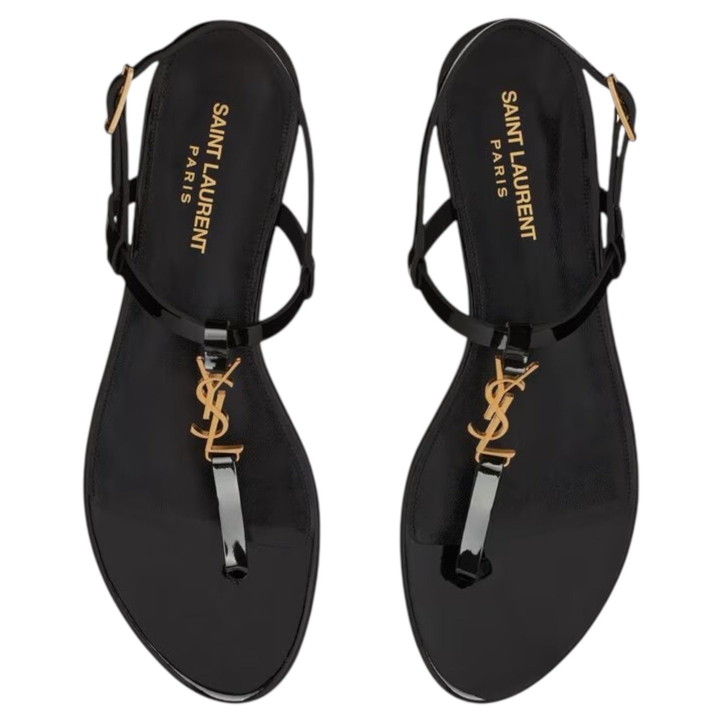 Saint Laurent Cassandra Patent YSL Thong Slide Sandal Black Gold Size 39.5