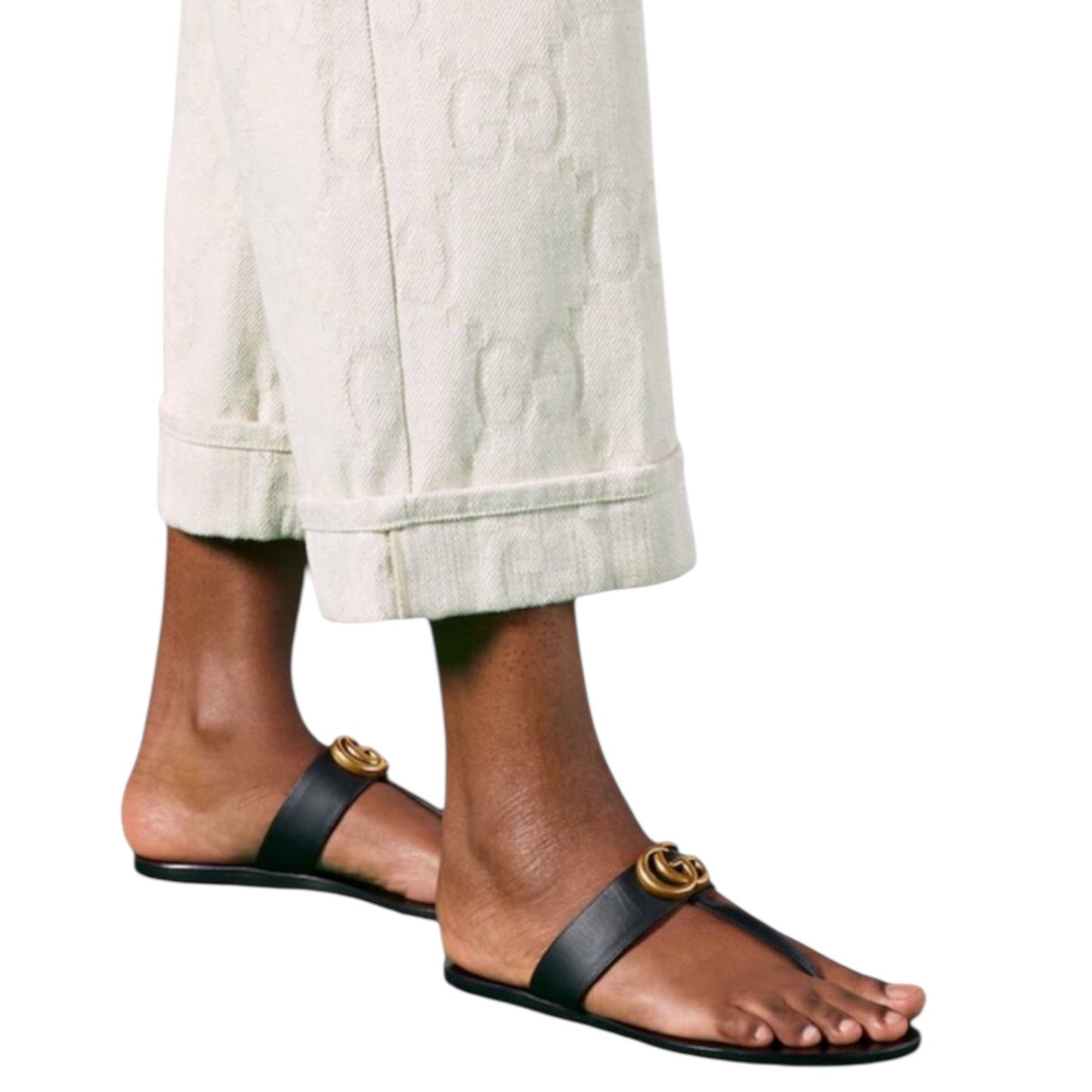 Gucci Leather Thong Sandals with Double GG Logo Black Size 39.5