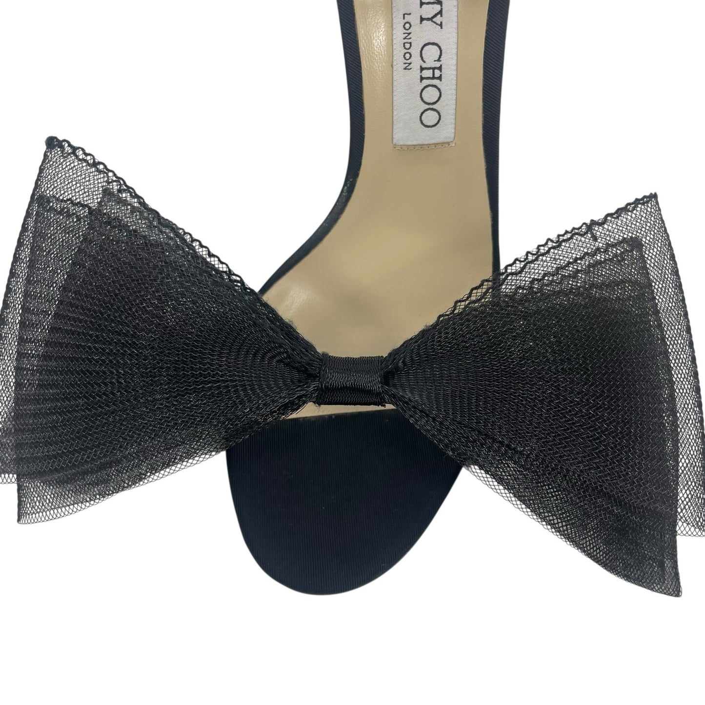 Jimmy Choo Aveline 100 Black Sandal Grosgrain Mesh Fasincator Bow Size 39