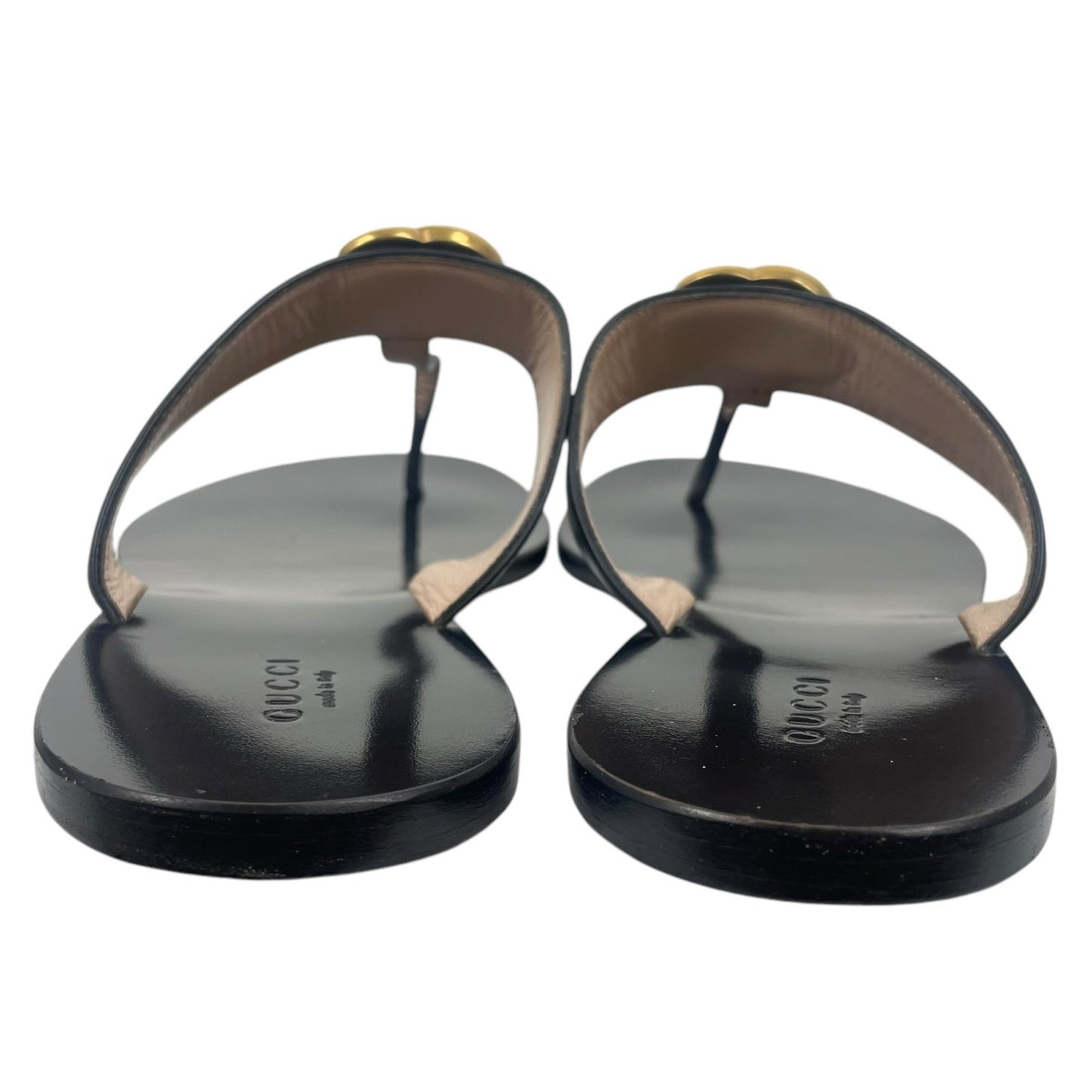 Gucci Leather Thong Sandals Double G Logo Black Gold Size 40.5