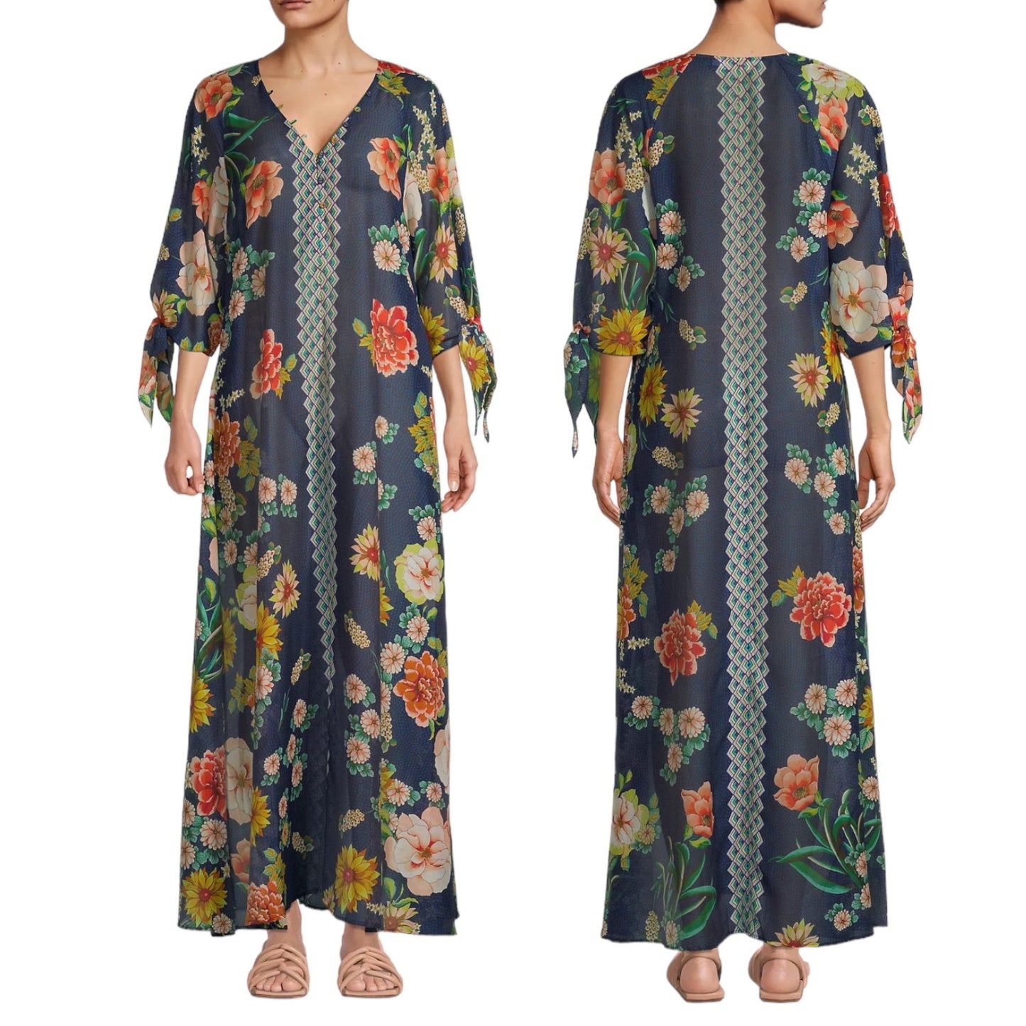 Johnny Was Mia Floral Border Long Dress Silk Blend Semi Sheer Size XS
