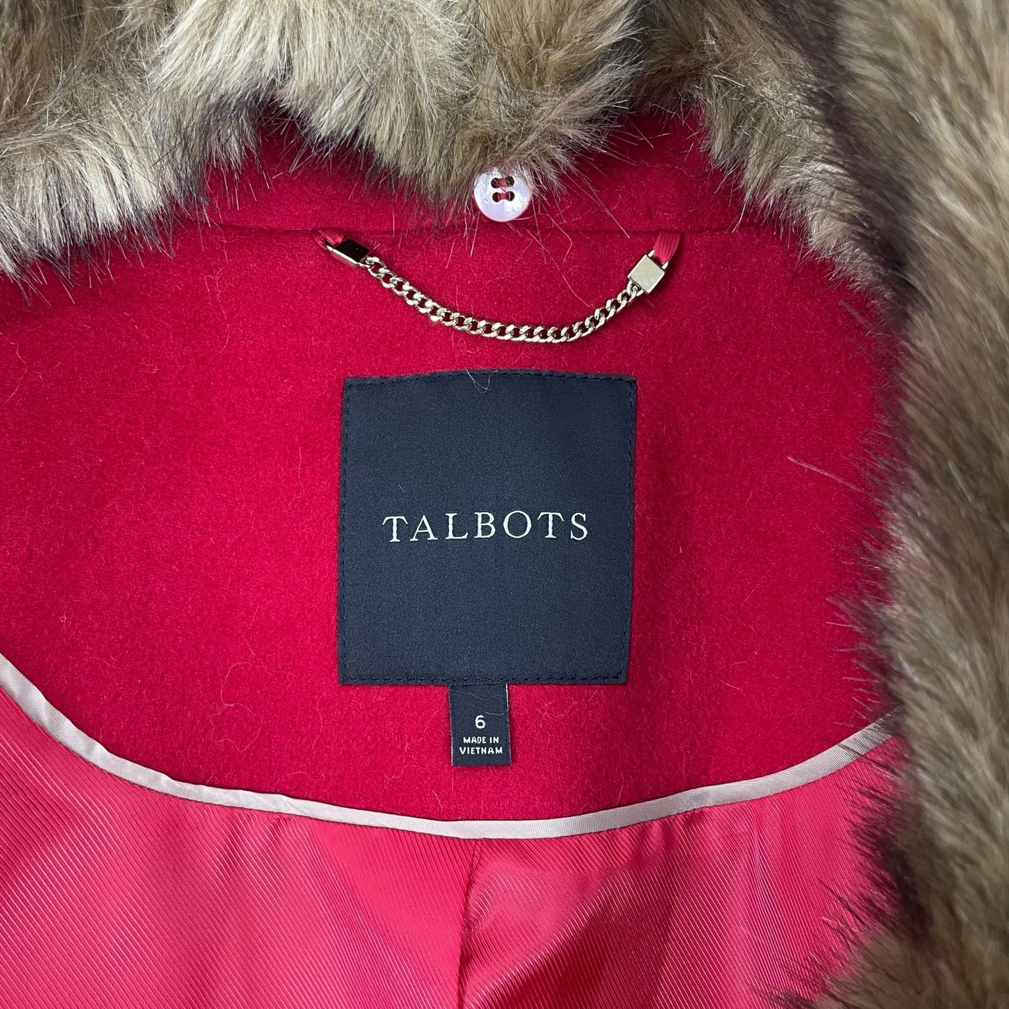 Talbots Wool Blend Belted Long Coat Removable Fur Collar Red Size 6