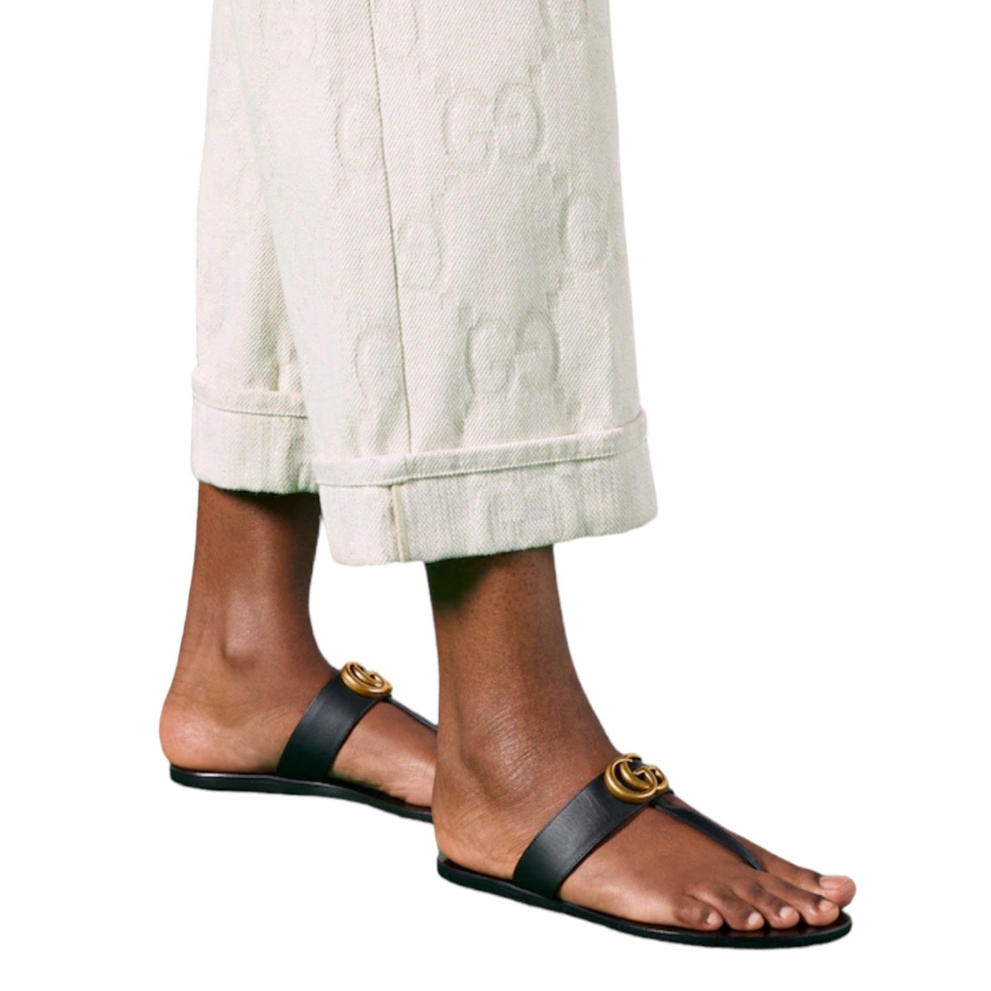 Gucci Leather Thong Sandals with Double G Logo Black Gold Size 40.5